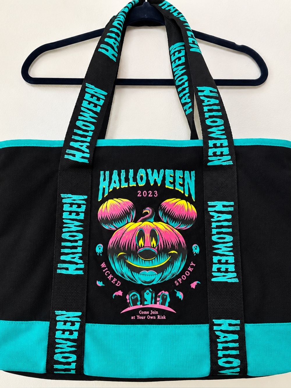 Disney Parks Halloween 2023 Mickey Pumpkin Black Teal Tote Bag
